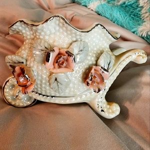 1970s VintagAntique Floral Wheelbarrell Porcelain what-not Pink White and Silver